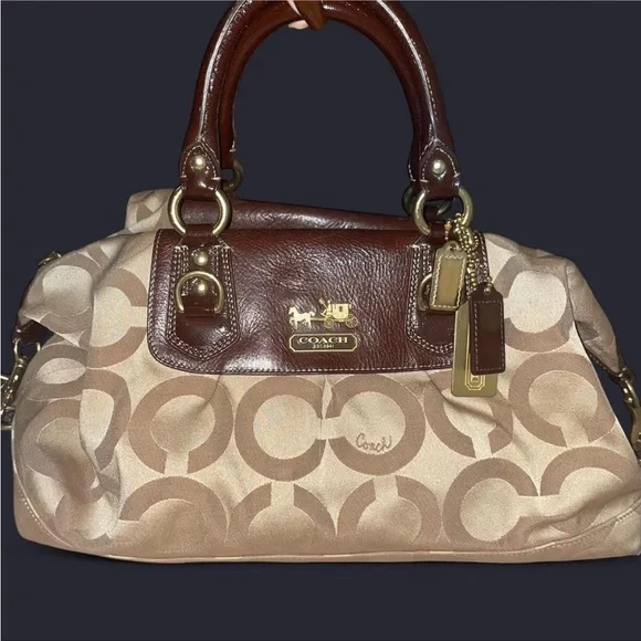 Vintage Coach Hobo Satchel Bag 🟤 Brown Leather Trim | Classic Logo Purse - Picture 1 of 6